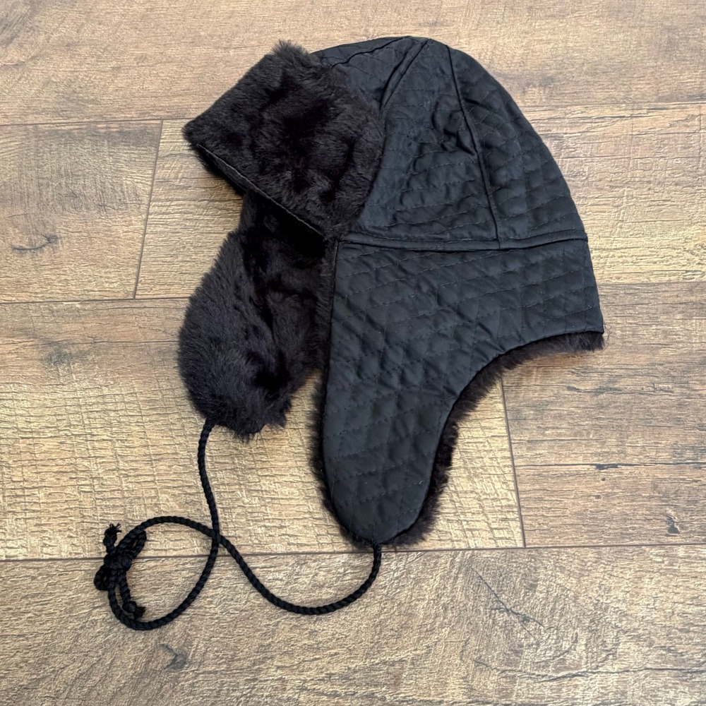 J Crew Black Quilted Trapper Hat Faux Fur Made‎ in Italy OSFM